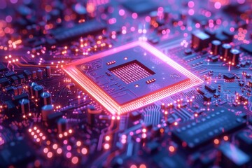Close-Up View of a Computer Processor on a Circuit Board With Red Illumination
