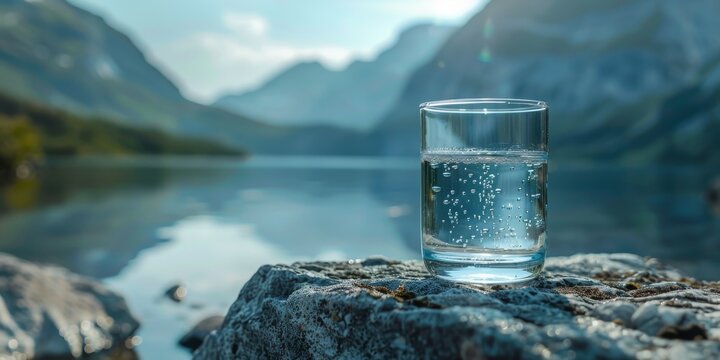 A glass of pure mineral water on a background of a mountain landscape with space for text
