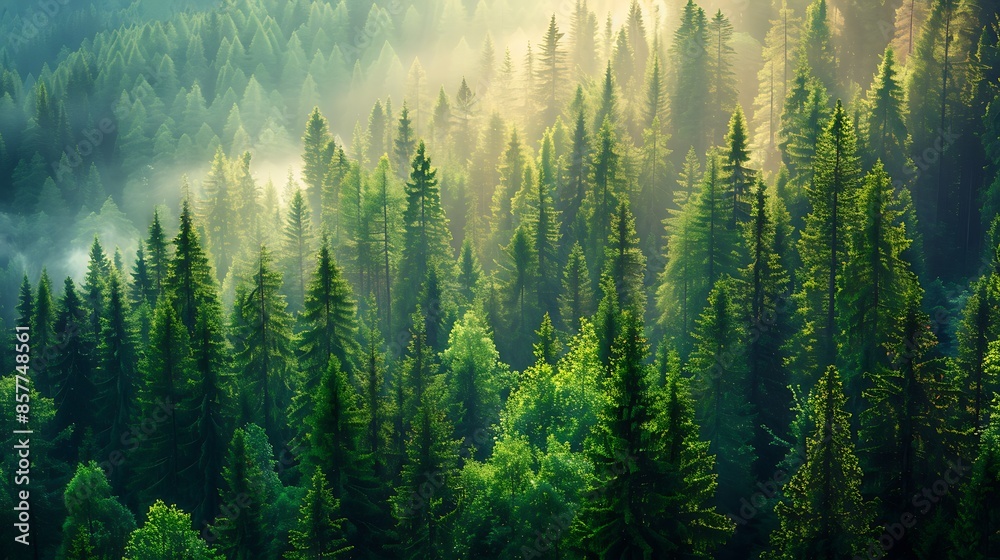Aufkleber Sunlight Filtering Through a Misty Forest