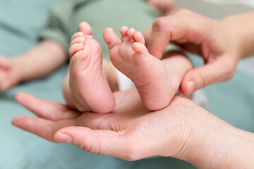 Close up of a newborn baby feet in mother's hands.