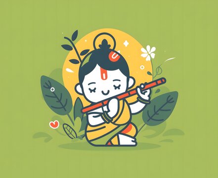 cartoon krishna playing flute on green background clip art preview
