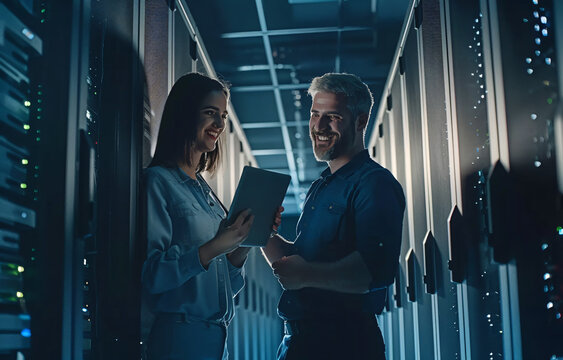 Two diverse tech professionals working together in an IT environment on laptop and smiling while standing next to each other with dark computer server room background.  - Powered by Adobe