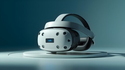 Fototapeta premium Modern Virtual Reality Headset on White Background. Close up of a modern VR headset, showcasing advanced virtual reality technology and sleek design.
