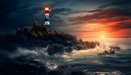 Fototapeta premium Lighthouse on rock and calm seas, created using technology