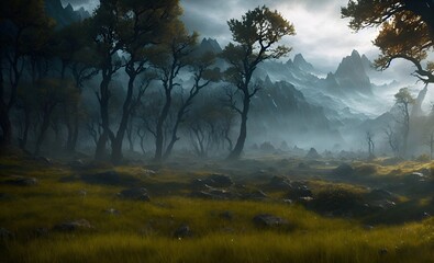 Fototapeta premium Fantastic Epic Magical Landscape of Mountains. Summer nature. Mystic Valley. Fairy Tales