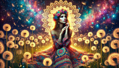 Cosmic Woman in Enchanted Dandelion Field: A Dreamlike Fantasy Scene