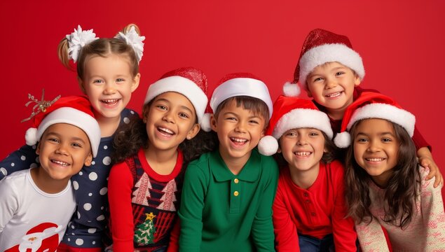 The Christmas party is a joyful event where children in Santa hats and festive clothes enjoy colorful decorations, laughter, and cheerful moments of celebration with family and friends