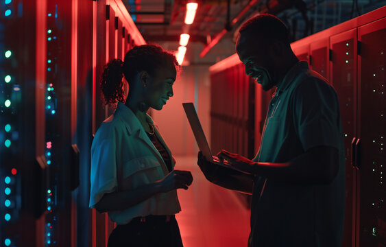 Two diverse tech professionals working together in an IT environment on laptop and smiling while standing next to each other with dark computer server room background.