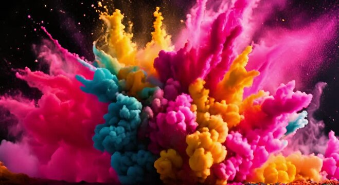 Explosion of colorful paint or powder on black background. Colorful powder burst abstract pattern