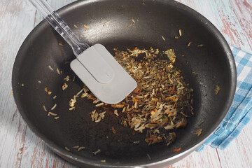 A Dirty Frying Pan top view 