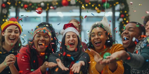 Fototapeta premium A joyous and festive holiday gathering with diverse friends, colorful decorations, and laughter, creating a cheerful atmosphere of unity and warmth, celebrating the season with excitement and harmony