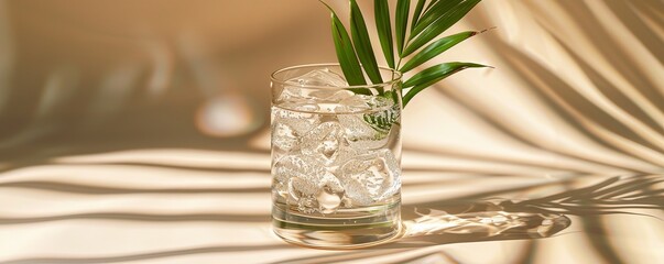 Glass of water with ice and green palm leaf casting shadows in the sunlight