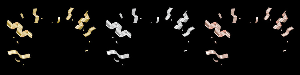 3D rendering Set of Metallic Gold, Silver and Bronze confetti isolated on a black background. Festive 3D confetti design element.