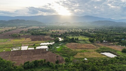 Naklejka premium High angle view of nature, mountains, rice fields