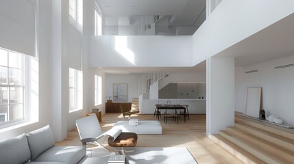 Modern minimalist living room interior of a two-story house