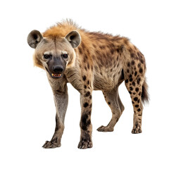 Naklejka premium Close-up of a spotted hyena standing against a plain white background, showcasing its distinctive fur pattern and alert expression.
