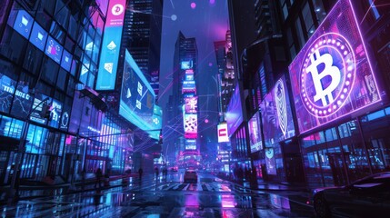 futuristic cityscape with Bitcoin symbols integrated into digital billboards and holograms, illustrating the future of finance