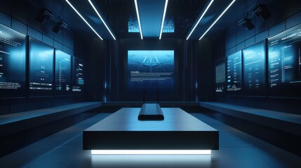 sophisticated product launch scene with the new item revealed on a sleek podium, flanked by digital screens displaying its features and benefits