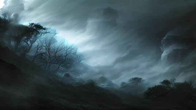 As tendrils of fog curl and twist around the dark of night a ghostly apparition drifts through the misty valley its body translucent and diffused blending seamlessly with its surroundings.