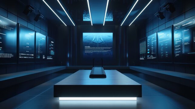 sophisticated product launch scene with the new item revealed on a sleek podium, flanked by digital screens displaying its features and benefits