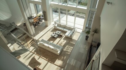 Obraz premium Living room seen from the second floor of a modern minimalist Scandinavian house interior design layout.