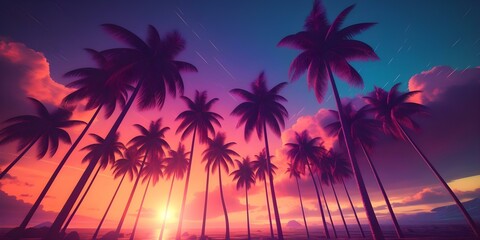 Obraz premium 1980s synthwave aesthetic with palm trees and palmettos creating a nostalgic vibe. Concept Synthwave Aesthetic, 1980s Nostalgia, Palm Trees, Palmettos, Retro Vibes