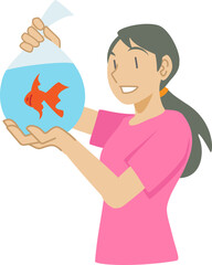 金魚をみつめる女性のイラスト