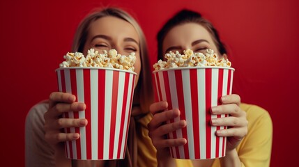 Two happy friends eagerly holding big popcorn containers in front of their faces, ready for an enjoyable movie experience, with a striking red background emphasizing the playful and fun atmosphere