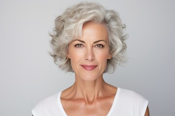 Beautiful gorgeous 50s mid aged mature woman looking at camera isolated on white.