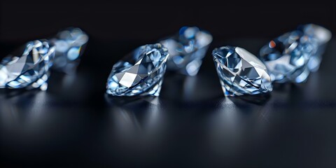 Closeup of four blue diamonds in varying sizes on black background. Concept Closeup Photography, Blue Diamonds, Varying Sizes, Black Background, Luxury Gems