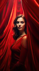 Woman in red dress against red wall, portrait