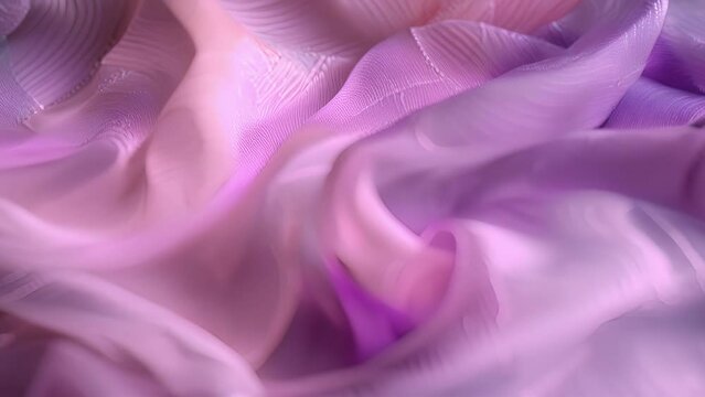 A closeup of a silk scarfs intricate weave featuring delicate overlapping threads in shades of pale pink and lavender.