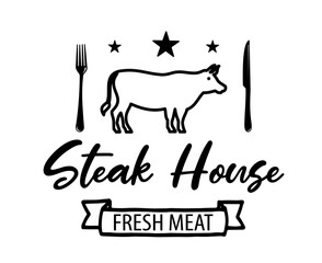 Steak house logo. Vector illustration. Retro style grill restaurant, bar emblem, badge, design, logotype template. Barbecue restaurant typography logo. Vintage design. Steakhouse vector template logo.