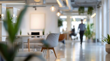 Soft focus image of a modern office space with minimalist white decor, featuring blurred figures in the background, conveying a sense of bustling productivity