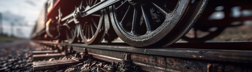 Dramatic close-up of vintage steam locomotive wheels on railroad tracks, showcasing the power and engineering of classic train technology.