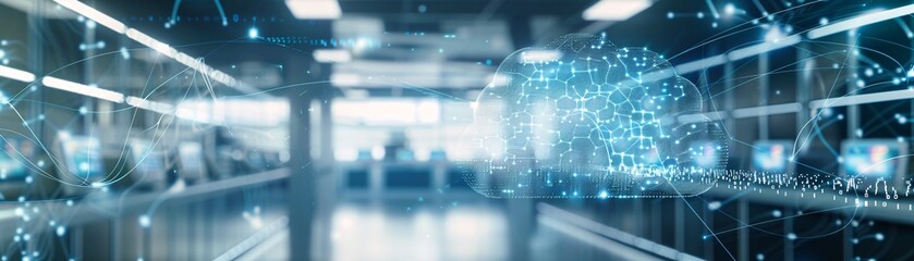 Obraz premium Against a futuristic backdrop, a digital cloud hovers above a healthcare setting, symbolizing the integration of cloud computing technology in managing health data. The image highlights innovation