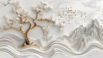 3D relief of a Chinese landscape with mountains, waterfalls and cherry blossoms