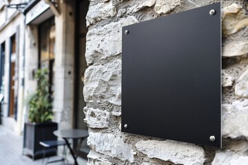 Black blank sign mockup on stone facade of restaurant building
