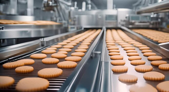 Biscuit production line on conveyor belt in food factory.  Industrial Kitchen Baking Process