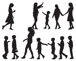 black silhouette set of mom and son playing vector design
