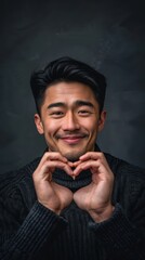 Portrait of a man smiling and making a heart shape with his hands