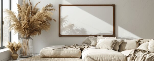 Modern minimalist living room with cozy beige sofa and blank white wall art