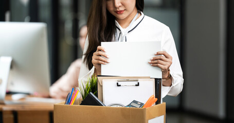 Resign From Job Or Fired Employee Moving Out Of Office, Frustrated Fired Asian Employee Woman...