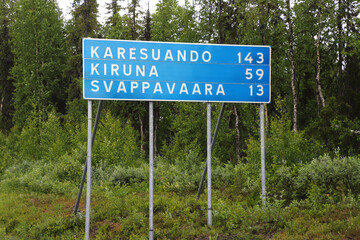 Confirmatory road sign for the towns Karesuando, Kiruna and Svappavaara i northern Sweden.