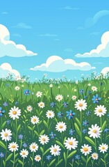 Fototapeta premium Beautiful wildflower meadow with daisies and bluebells under a bright blue sky