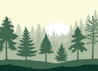 Fototapeta premium Illustration of green silhouette pine trees in forest.