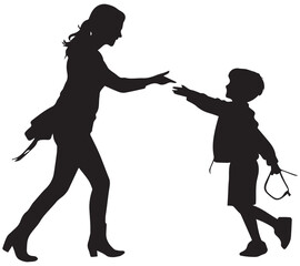Vector collection of mom and kids walking silhouettes