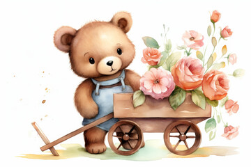 Watercolor postcard featuring a cute bear carrying flowers in a wooden wheelbarrow  perfect decor for a childrens room.