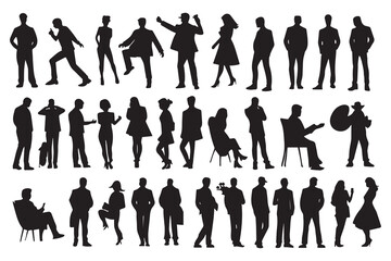 Silhouette people man and women in various poses collection.