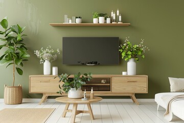 Modern living room with olive green wall, wooden furniture, and indoor plants